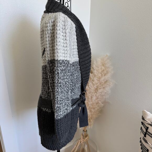 BCBGMAXAZRIA Gray Striped Tie-Waist Shawl Collar Cardigan Sweater- Small - Picture 4 of 8